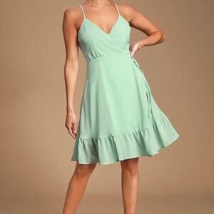 Lulus Ruffle Sleeveless Wrap Women's Dress Large Sage Green